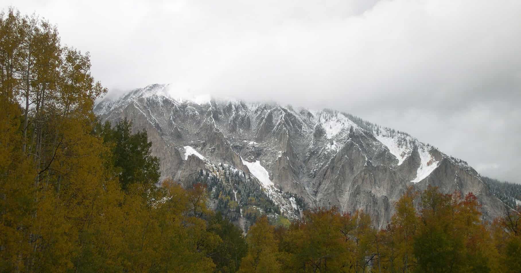 Autumn foliage turning gold against a backdrop of stormy mountains and snow.