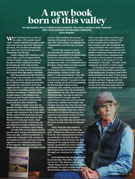 Arvin Ramgoolam's Crested Butte Magazine, Summer 2024, review of Polly Oberosler's book, The Low Down from the High Up.